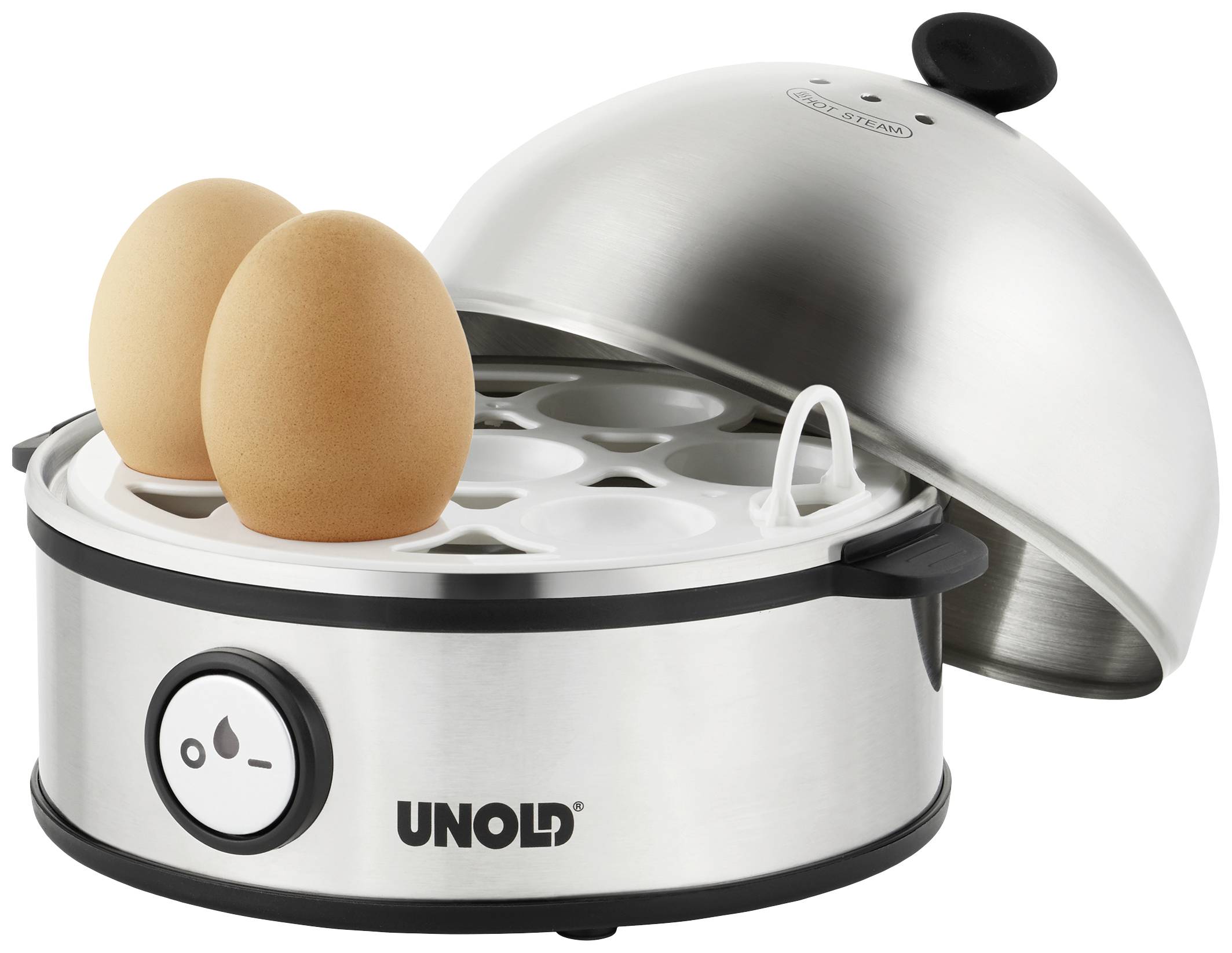 Un cuocuova argentato con il coperchio sollevato, nel quale due uova marroni sono poggiate nei loro supporti. Il cuocuova ha una manopola di regolazione nera.