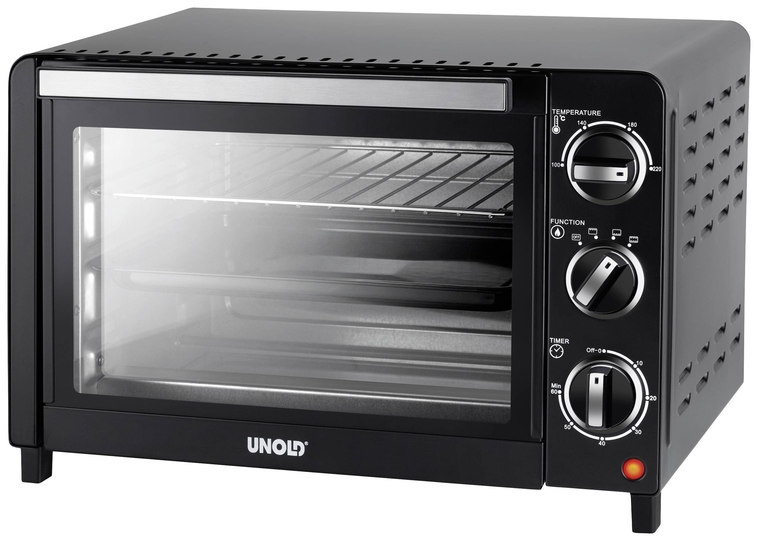 Un mini forno nero con porta in vetro, tre manopole di controllo per temperatura, modalità di riscaldamento e timer. Marca: UNOLD.