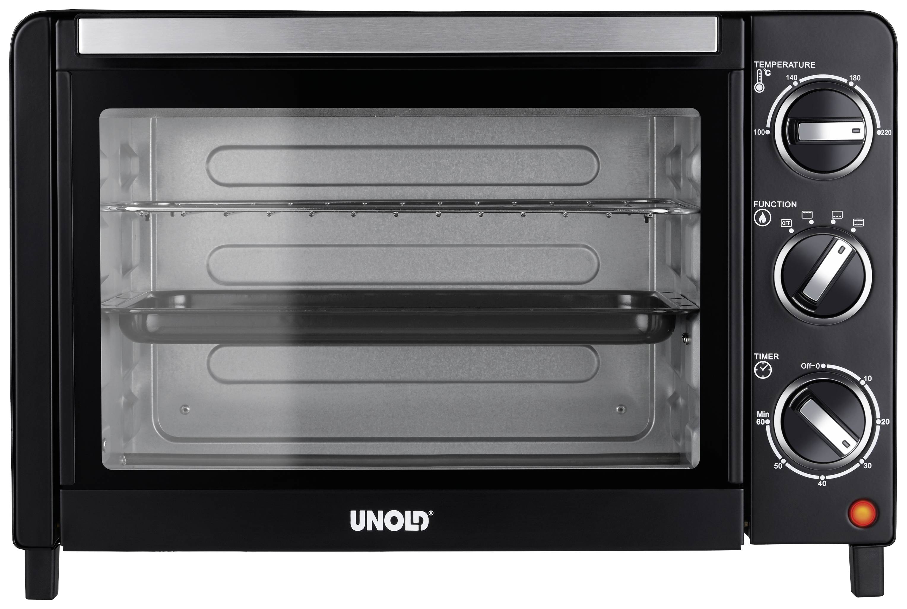 Un forno da tavolo nero con frontale in vetro e tre manopole di regolazione per temperatura, modalità di riscaldamento e timer. Marchio 'Unold' sulla parte frontale.