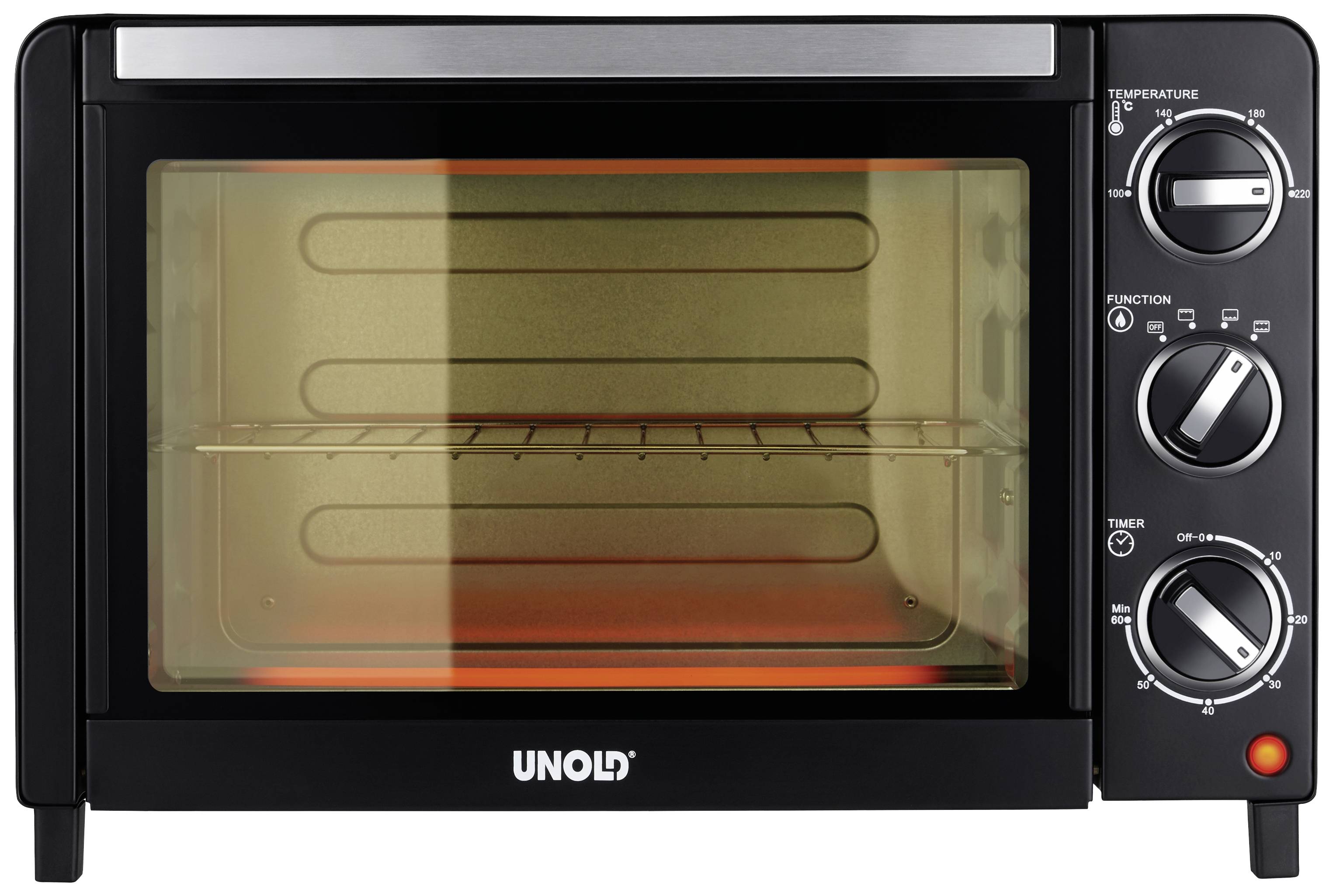 Forno nero da tavolo con porta in vetro. A destra sono presenti tre manopole per temperatura, funzione e timer. Nome del marchio in basso.