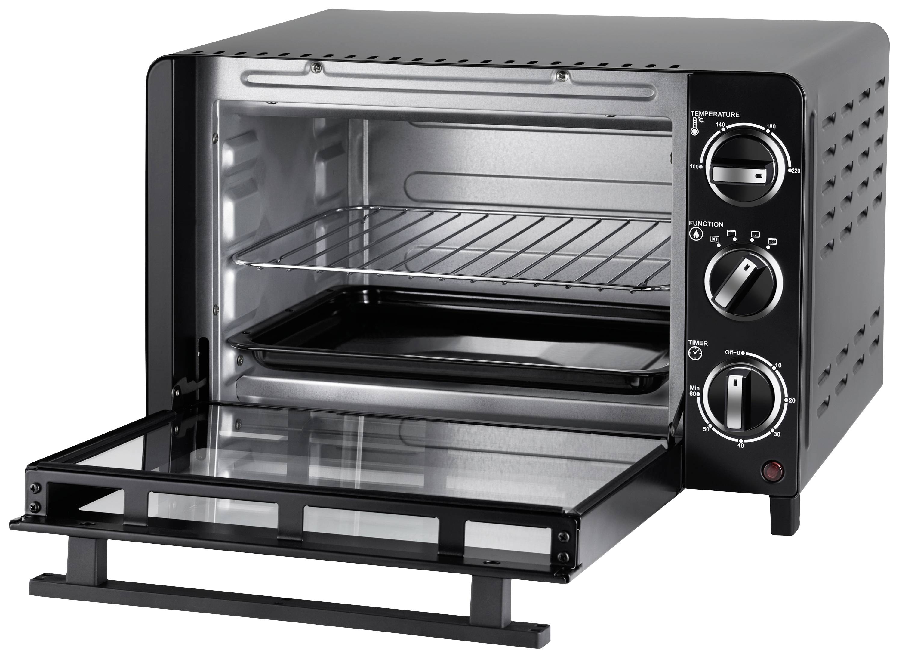Un forno tostapane con lo sportello aperto mostra due griglie e una teglia all'interno. I comandi per la temperatura e il timer sono posizionati sul lato.