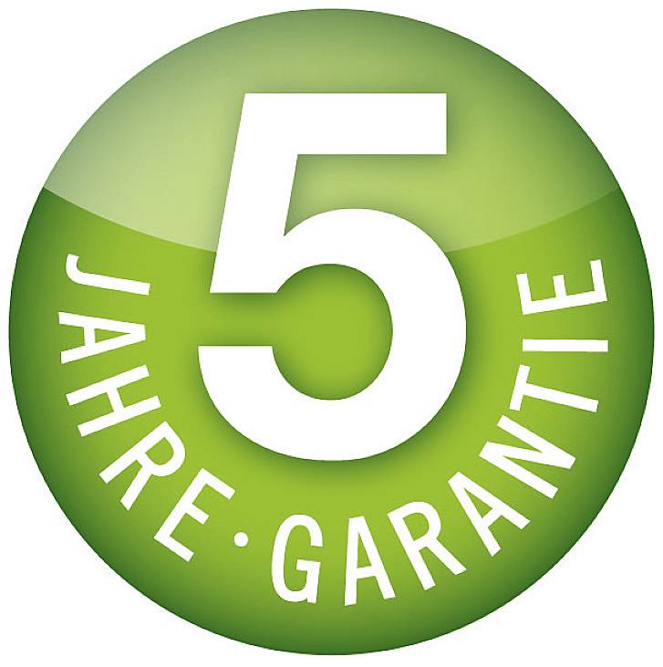 Cerchio verde con la scritta "5 anni di garanzia".