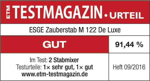 'Giudizio della rivista di test: ESGE Zauberstab M 122 De Luxe, Valutazione: Buono, 91,44%. Frullatori testati: 1x molto buono, 1x buono. Numero 09/2016.'