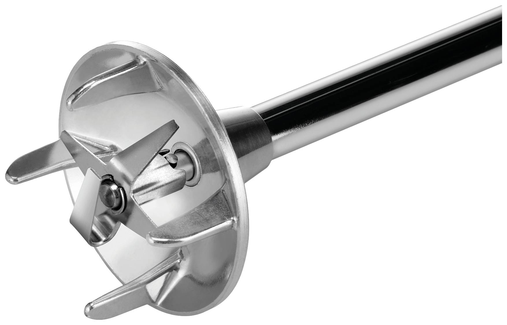 Un attacco per mixer in metallo argentato con più lame e un manico lungo, adatto per frullare potentemente in cucina.