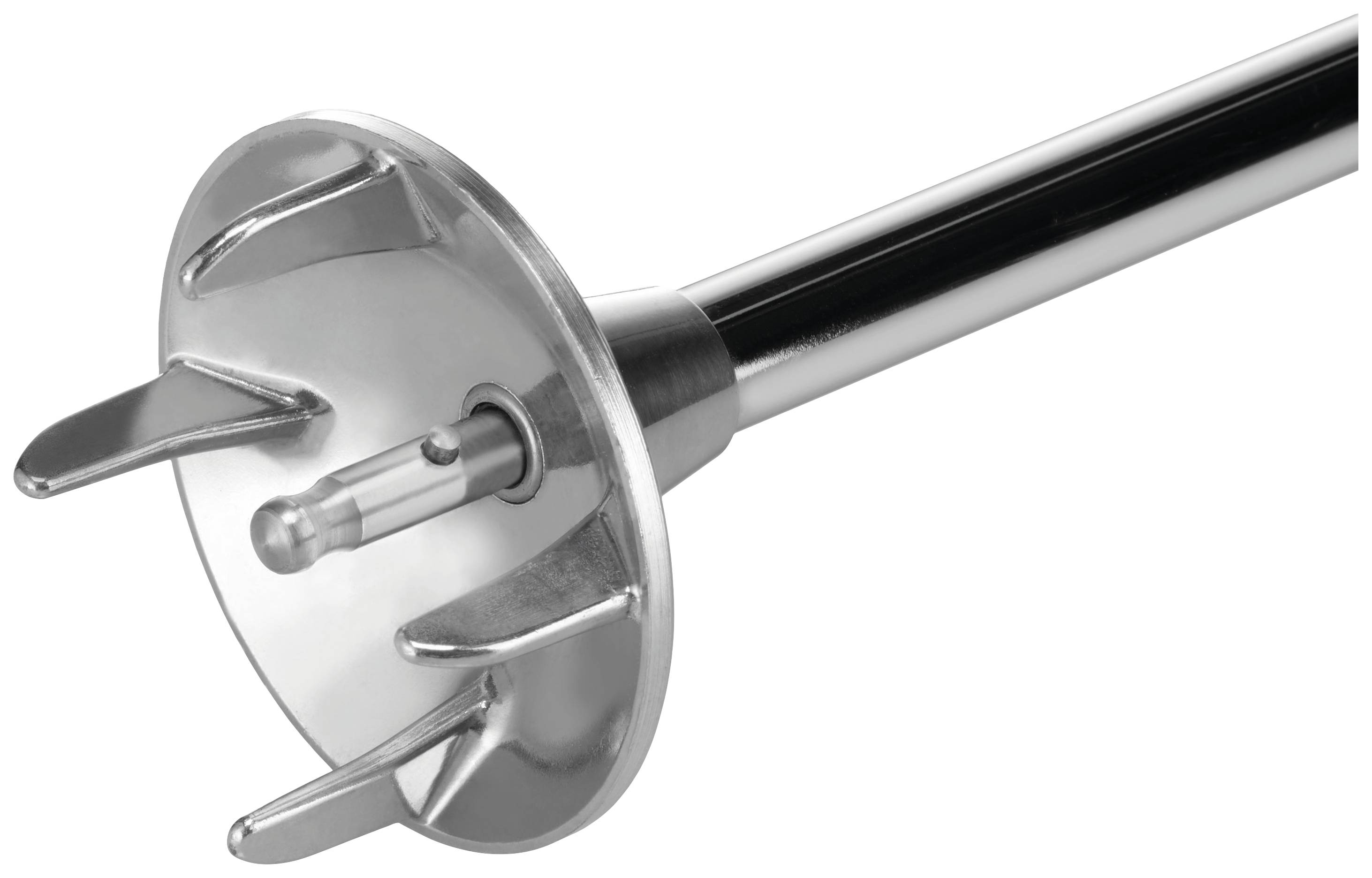 Accessorio mixer in acciaio inox con quattro lame. Ideale per tritare e miscelare in cucina. Manico lungo per contenitori profondi.