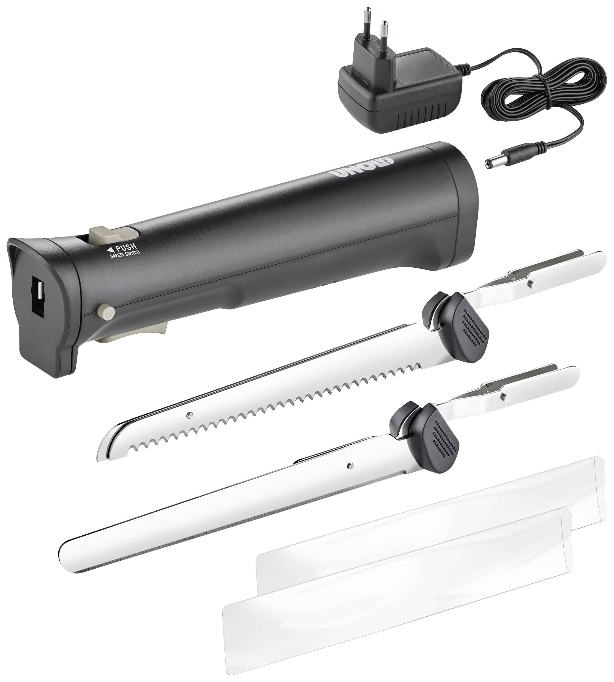 Coltello elettrico con due lame, caricatore e custodie di protezione su sfondo bianco. Ideale per tagliare pane e carne.