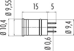 Disegno di un connettore cilindrico con dimensioni: lunghezza 15 mm, diametro 9,55 mm e pin con diametro 0,6 mm.