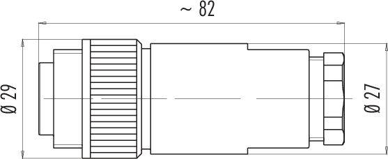 Disegno tecnico di un connettore cilindrico. Lunghezza ca. 82 mm, diametro anteriore 29 mm, posteriore 27 mm.