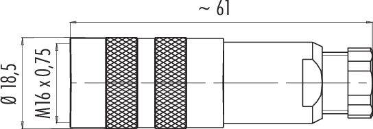 Disegno tecnico di un connettore cilindrico, dimensioni: diametro 18,5 mm, lunghezza circa 61 mm, filettatura M16 x 0,75.