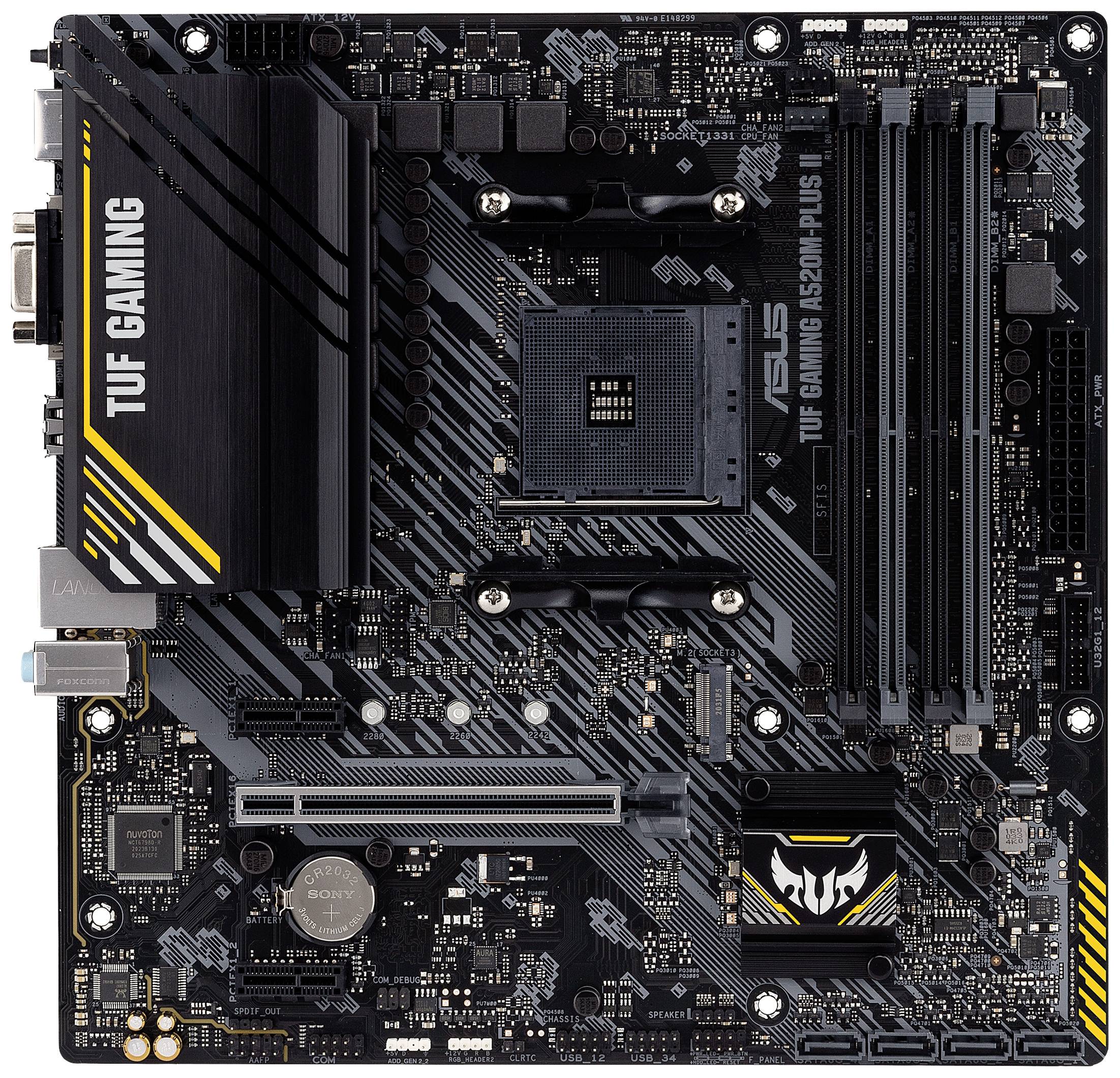 Scheda madre ASUS TUF Gaming nera con diversi slot e connettori per componenti del computer, contrassegnata da dettagli gialli.