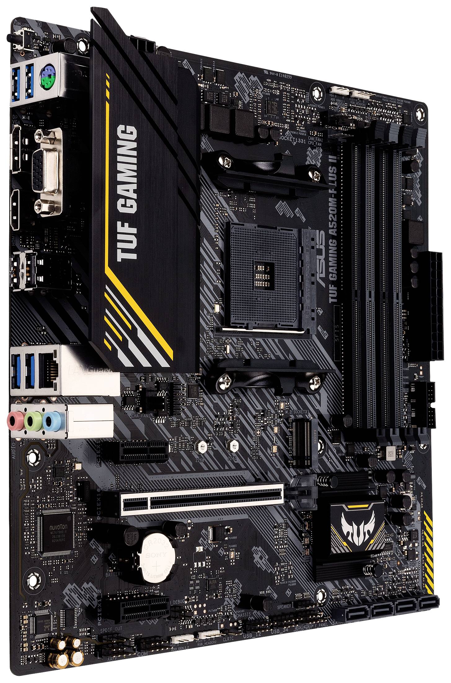 Scheda madre gaming TUF in nero con decorazioni gialle, con diversi slot e connettori, adatta per PC ad alte prestazioni.