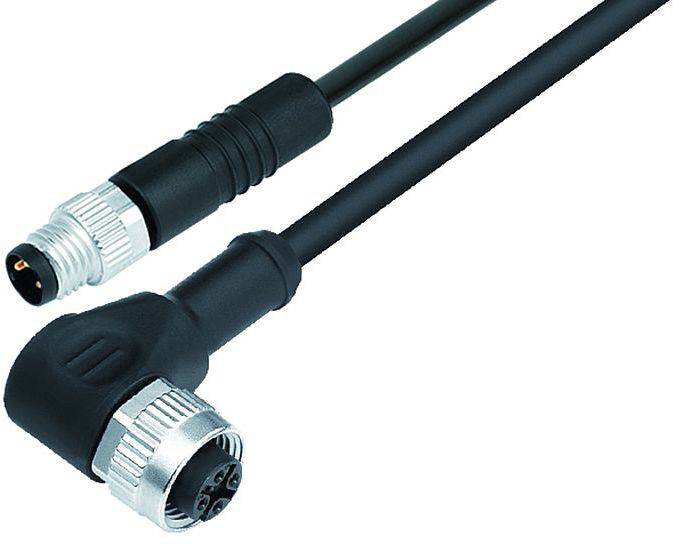 'Cavi industriali con connettori rotondi, uno dritto e l'altro ad angolo, per connessioni elettriche in sistemi di automazione.'