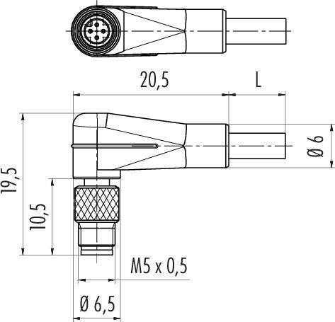 Disegno tecnico di un raccordo a squadra con filettatura, con le seguenti dimensioni: lunghezza 20,5 mm, diametro 6 mm, filettatura M5 x 0,5 mm.