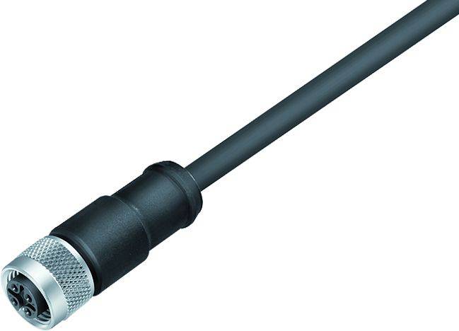 Un cavo nero con un connettore metallico rotondo all'estremità, adatto per connessioni tecniche o elettroniche.