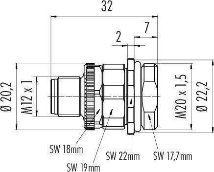 Disegno tecnico di un connettore con dimensioni: lunghezza 32 mm, filettatura M12 x 1,5, diametro 20,2 mm. Larghezze delle chiavi metalliche indicate.