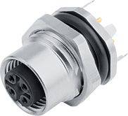 Un connettore metallico rotondo multipolare con più piedini di connessione, adatto per applicazioni industriali.