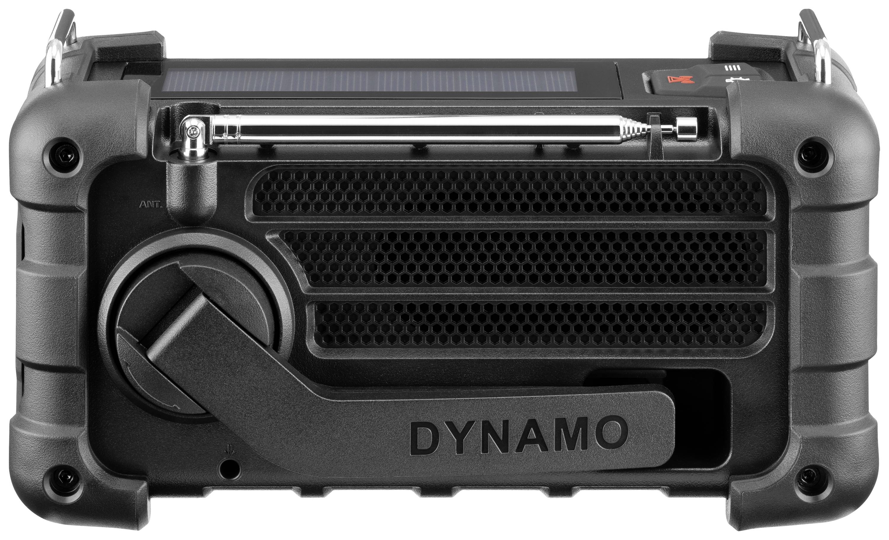 Radio di emergenza portatile con generatore a manovella e pannello solare per la produzione di energia, idoneo per l'utilizzo durante interruzioni di corrente.