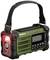 Una radio portatile verde con luce LED, display digitale, protezione in gomma e una tracolla nera. Ideale per attività all'aperto.