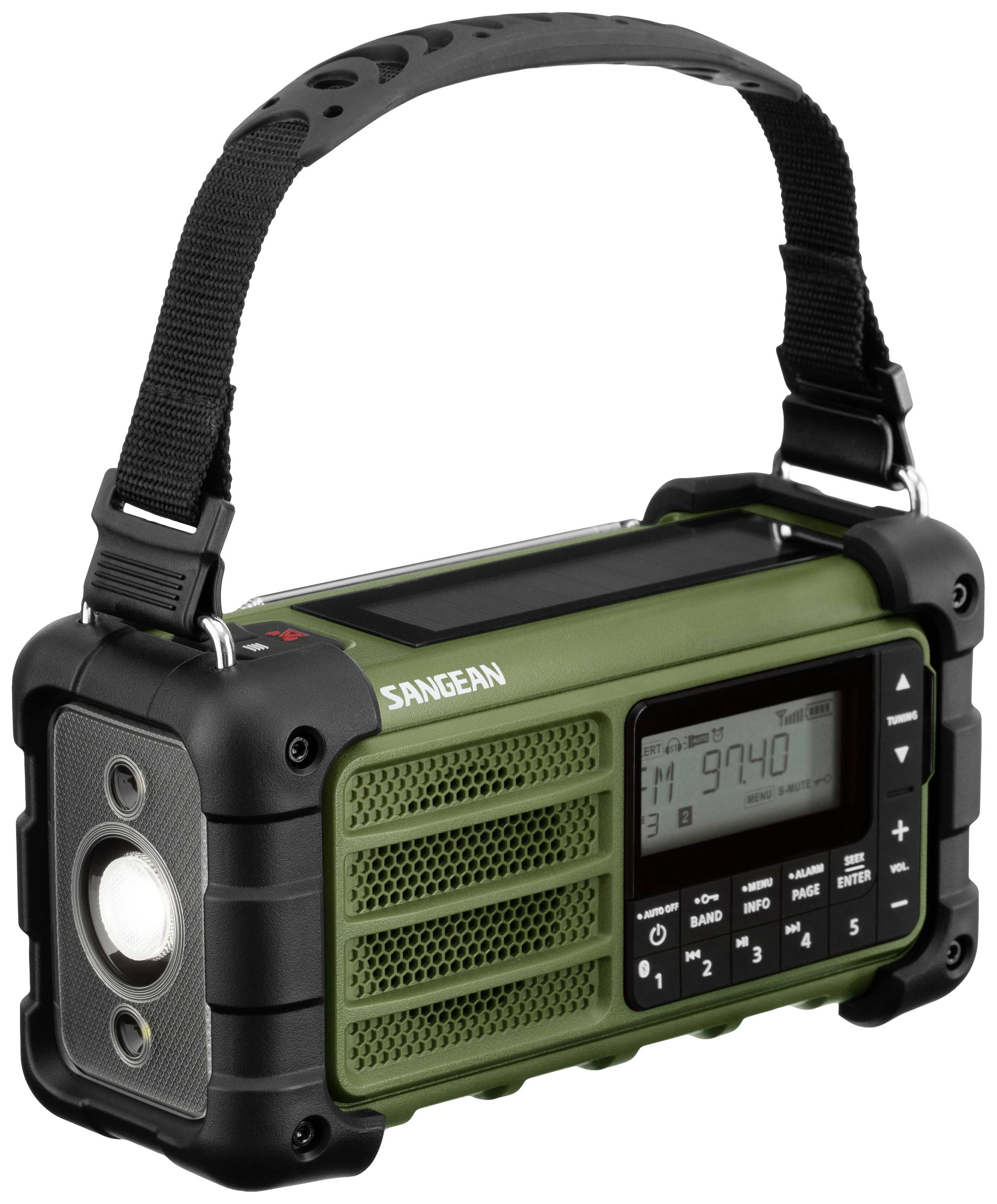 Una radio portatile verde con impugnatura nera, display digitale e altoparlante, adatta per l'uso all'aperto.