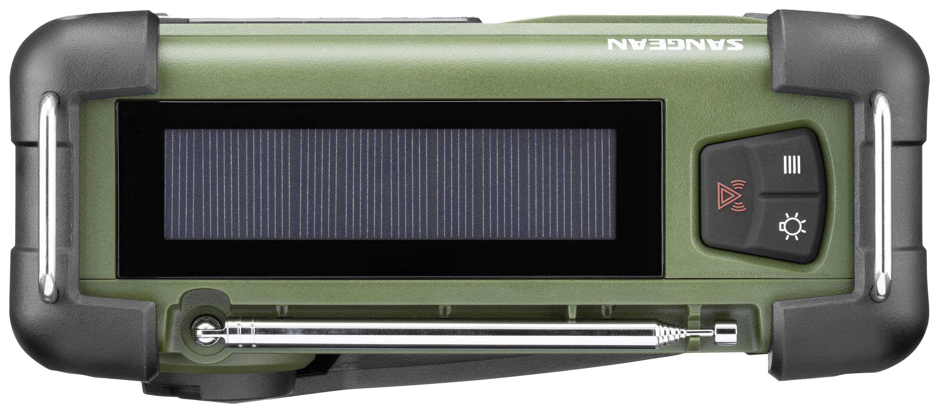 L'immagine mostra una radio portatile verde dall'alto, dotata di un pannello solare, tasti per la luce e l'allarme, adatta per l'uso esterno.
