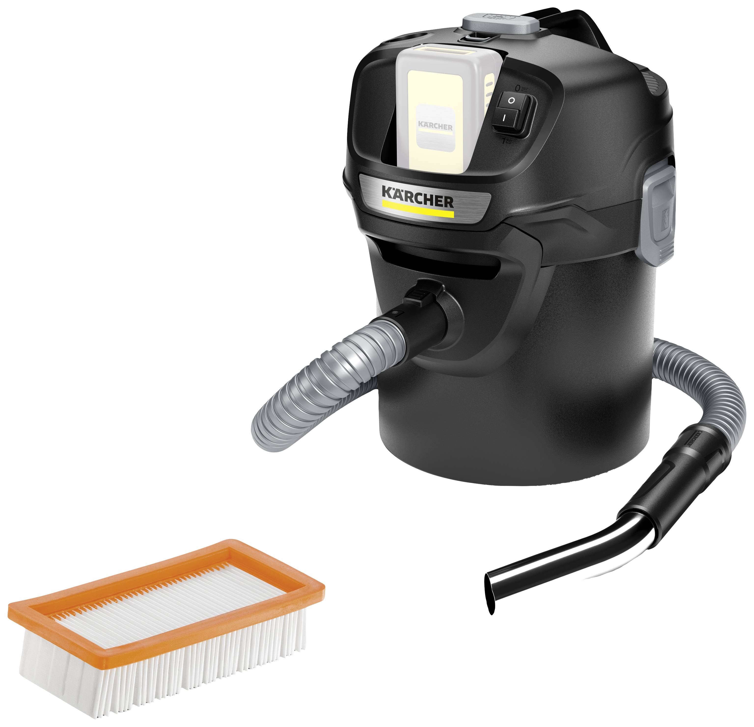 Un aspirapolvere nero con tubo e ugello è posizionato accanto a un filtro intercambiabile con cornice arancione.