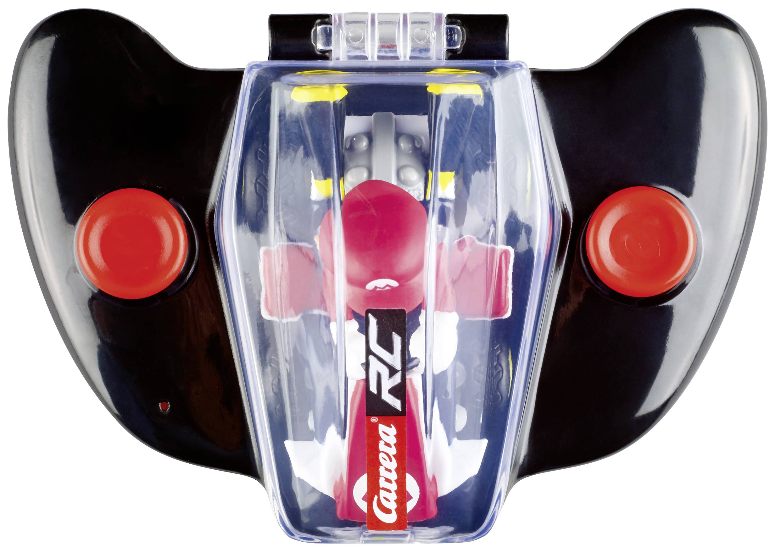 Telecomando per un veicolo RC Carrera con due pulsanti di controllo rossi, involucro trasparente ed elettronica visibile.