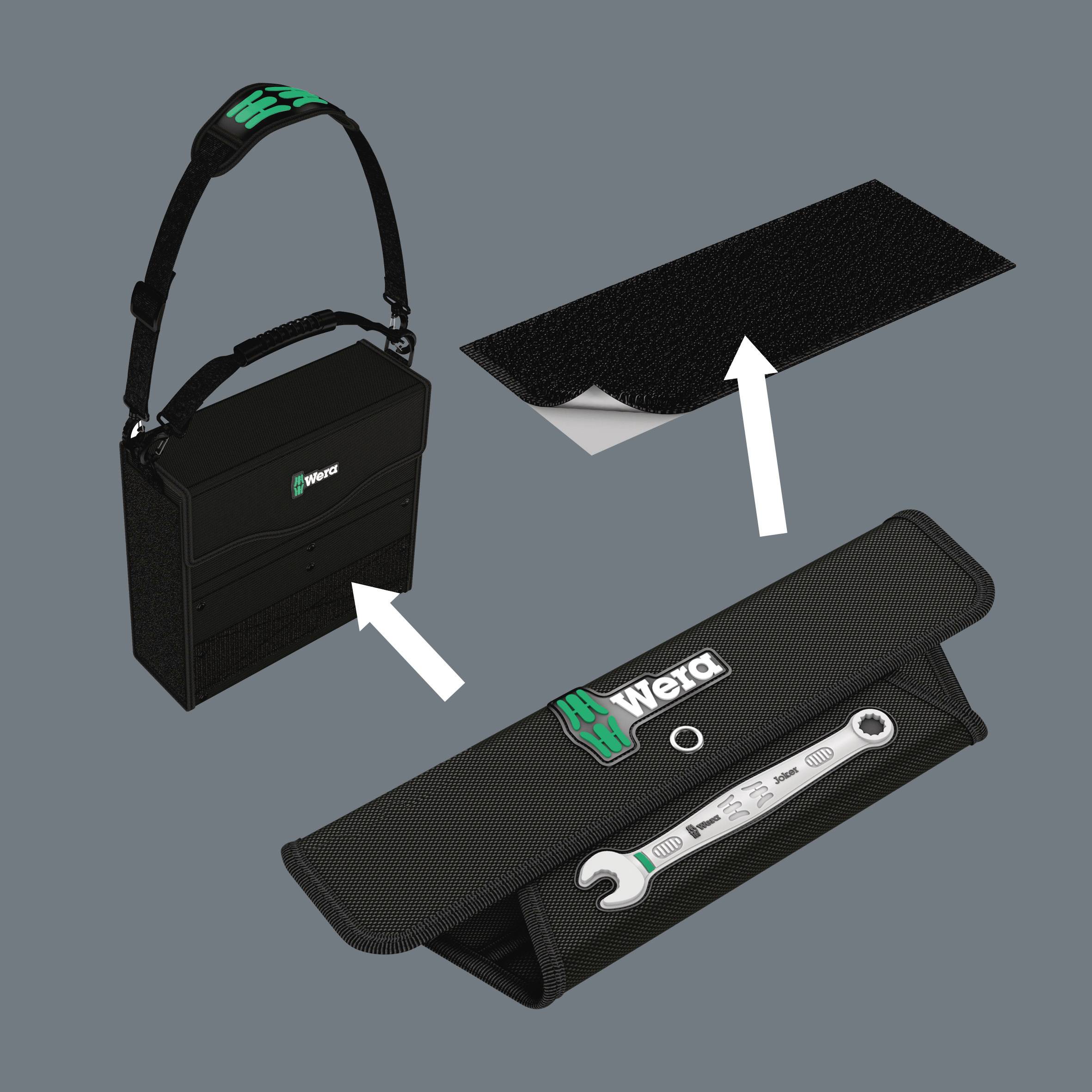 Borsa porta attrezzi di Wera con due scomparti aperti per gli utensili. Contiene una chiave inglese aperta con indicazioni delle misure.