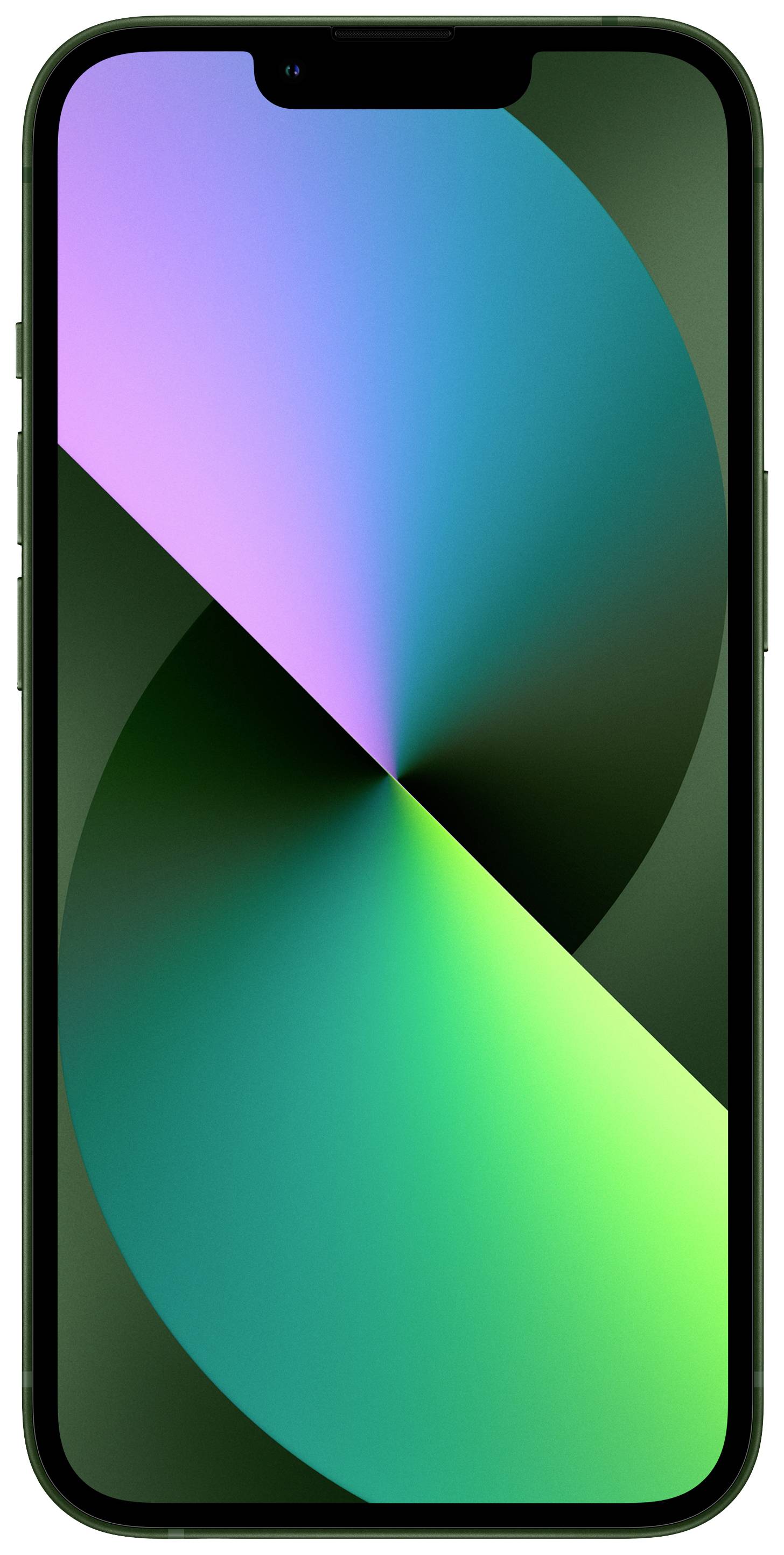 Smartphone con uno sfondo astratto verde e viola sullo schermo.