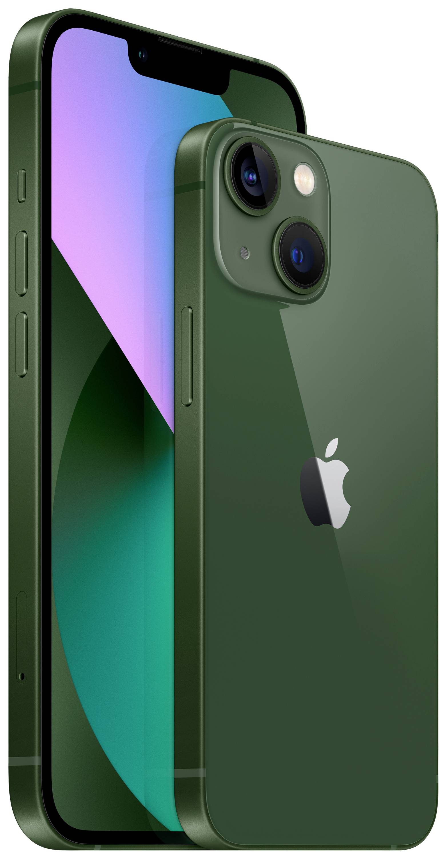 Un iPhone verde con due obiettivi fotografici e un logo della mela sul retro. Mostrato da vista frontale e posteriore.