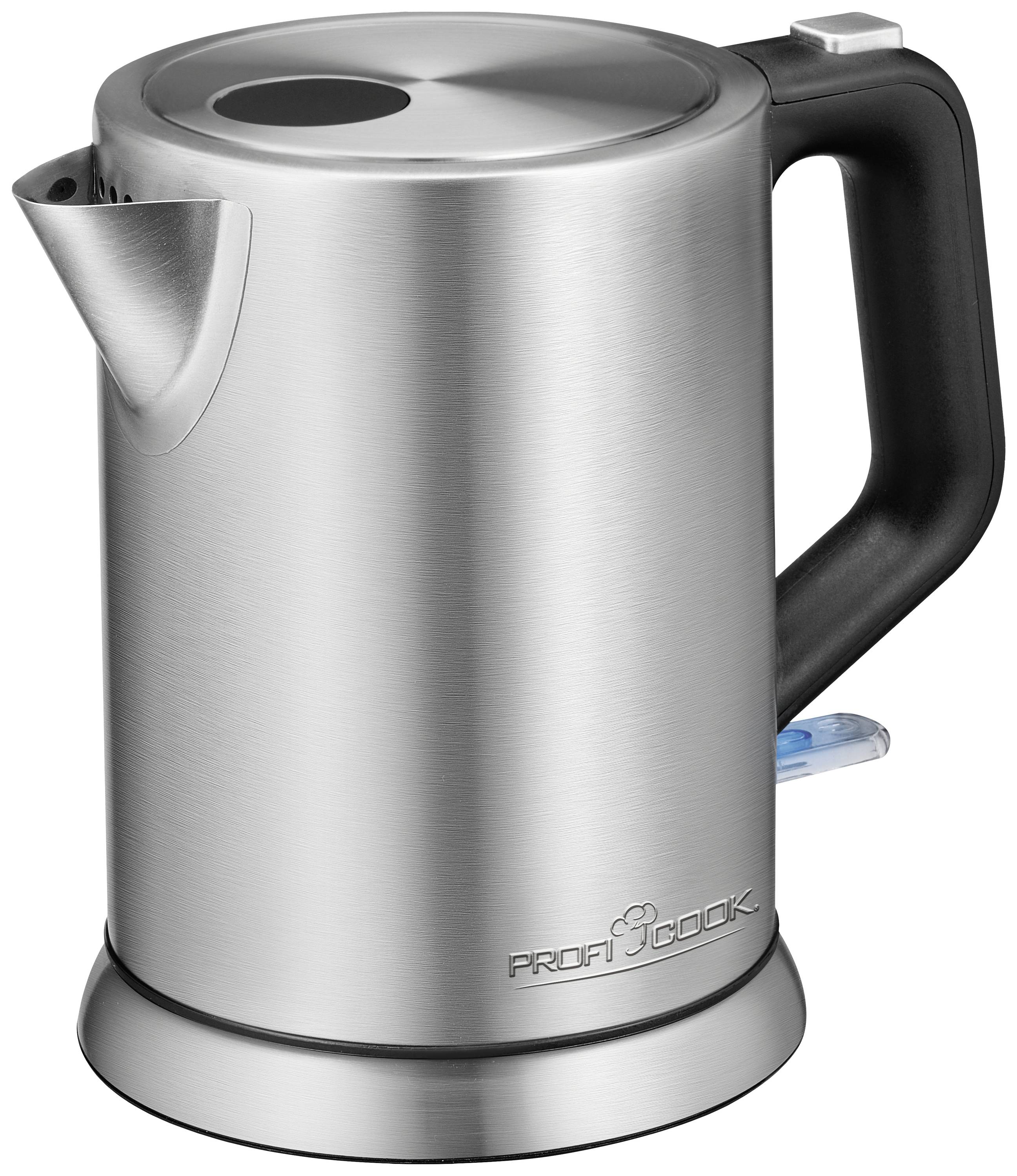 Bollitore in acciaio inox con manico nero e beccuccio.