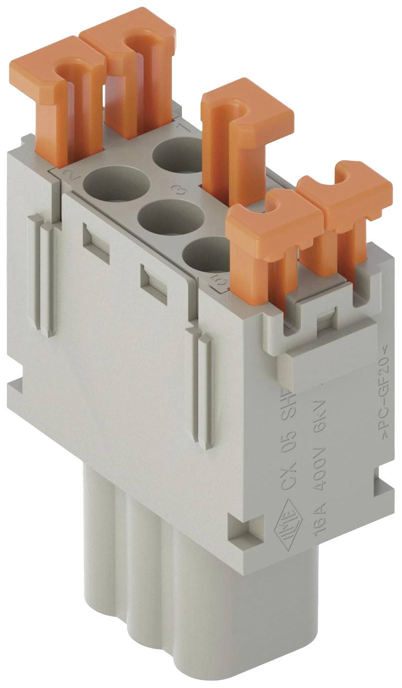 Connettore elettrico con sei contatti, di cui tre arancioni. Sviluppato per 18 A, 400 V, contrassegnato con 'PC-GF10'.