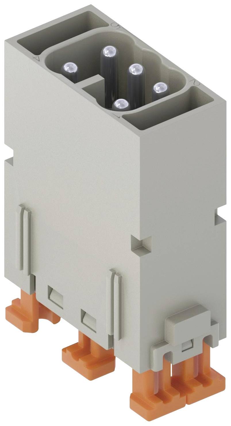 Spina elettrica a quattro pin, forma rettangolare, con involucro grigio ed elementi di fissaggio arancioni, per applicazioni industriali.