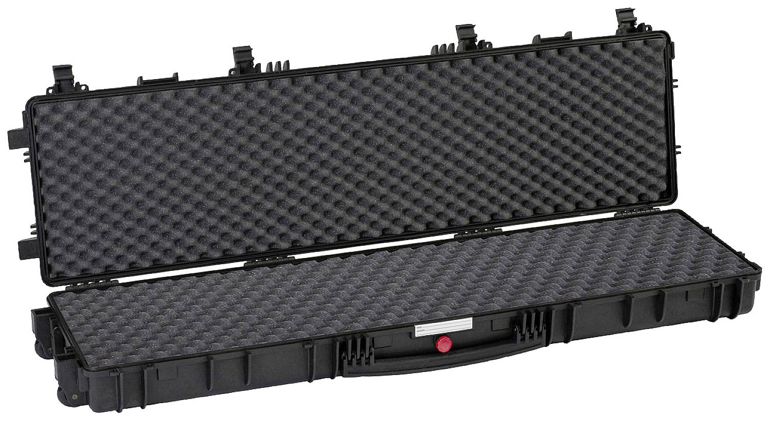 Una lunga valigia rigida nera con imbottitura in schiuma, aperta, mostra l'interno con materiale protettivo e stabile.