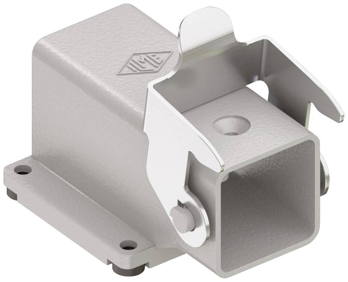 Custodia per connettori metallici con logo aziendale, forma rettangolare, superfici argentate e clip di fissaggio.
