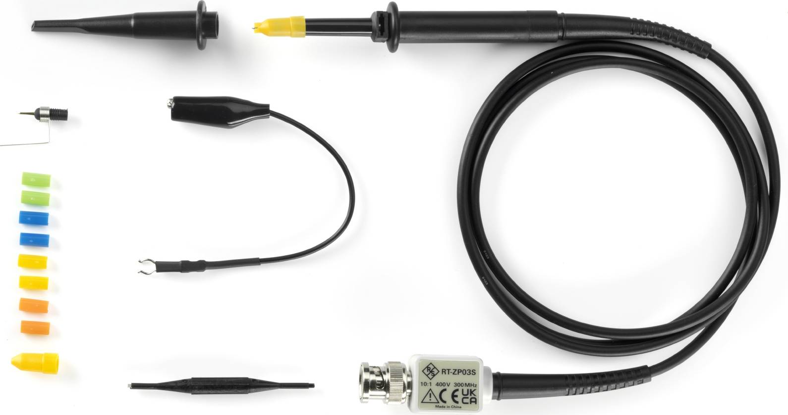 Set di cavi di prova con connettore BNC, diverse marcature colorate, pinza a coccodrillo e punta di prova, idoneo per test elettronici.