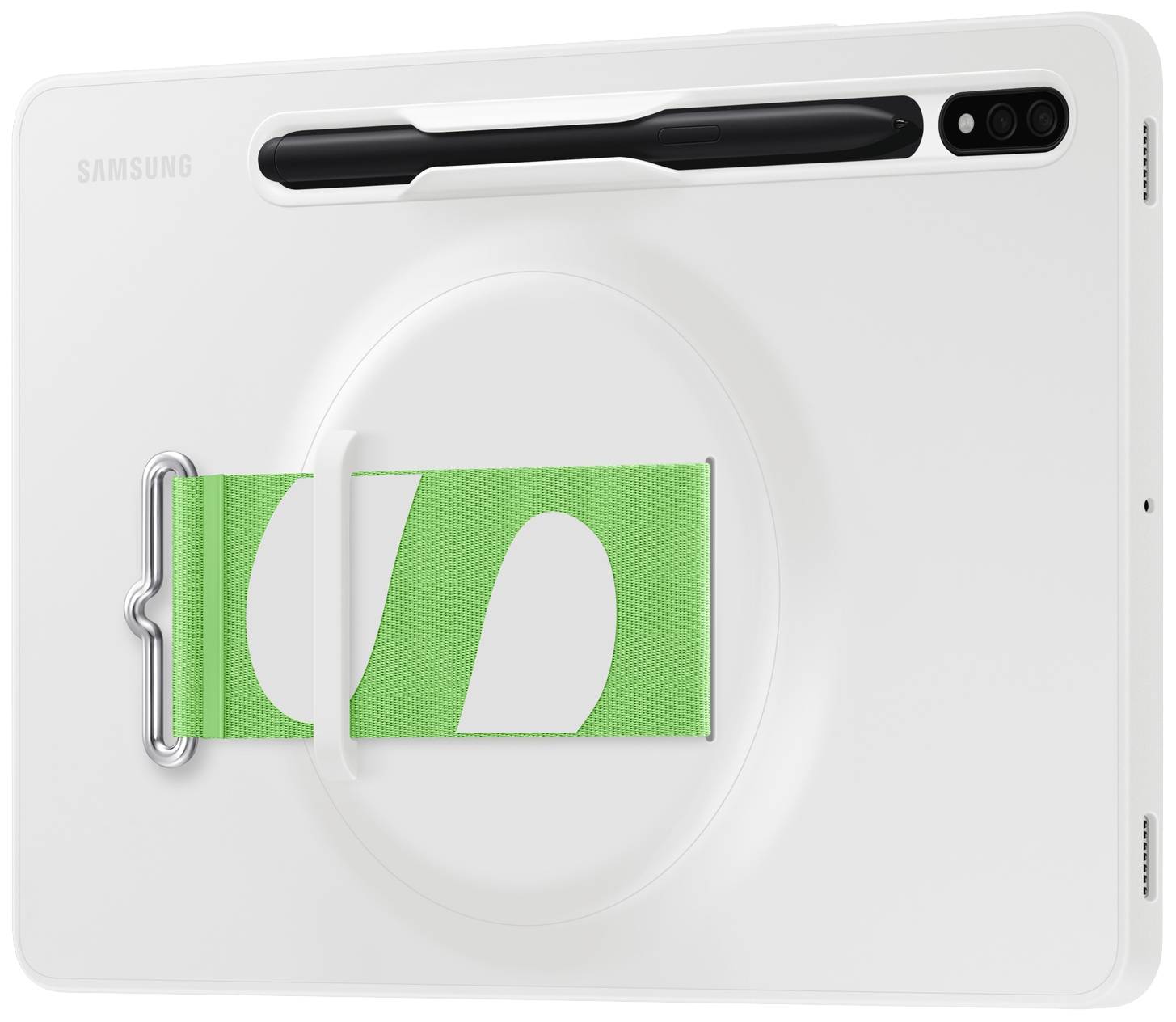 Un tablet bianco con un nastro verde sul retro che mostra un motivo a forma di 'S'. In alto è fissata una penna nera.