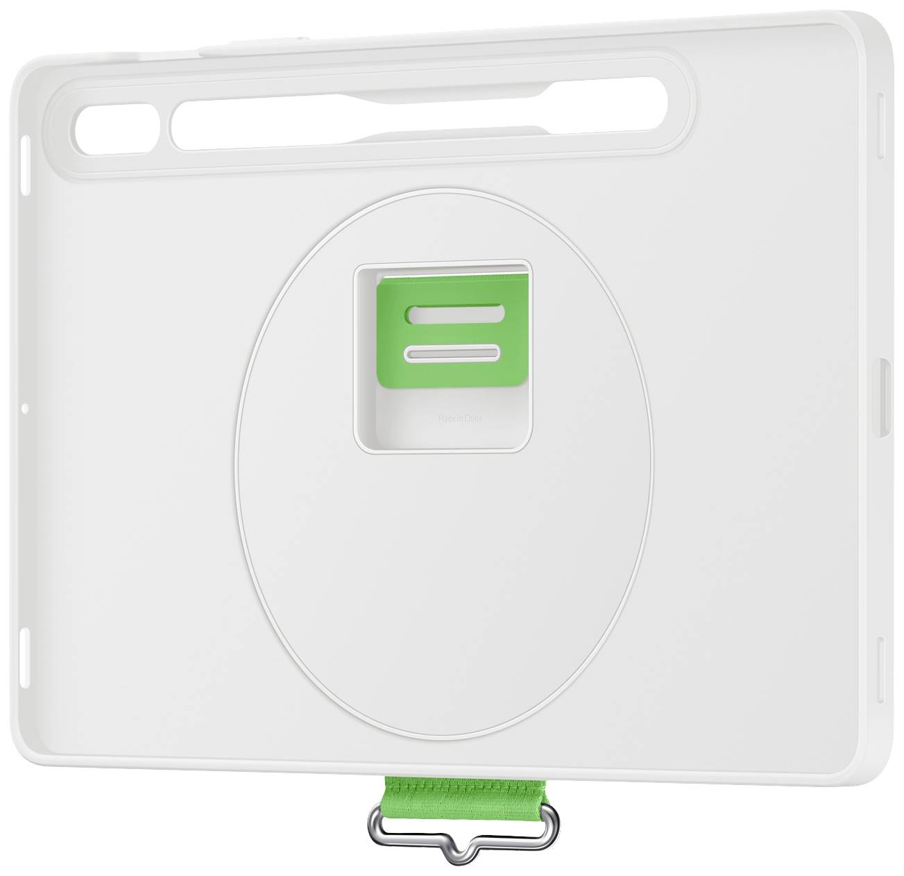Custodia protettiva bianca con manico verde e apertura per l'obiettivo della fotocamera, adatta per tablet.