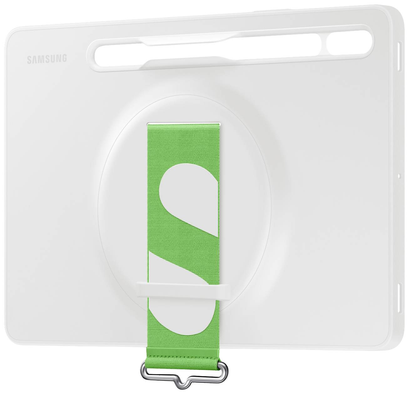 Una custodia bianca per tablet con una striscia verde verticale sul retro. La striscia reca una grande 'S' bianca.