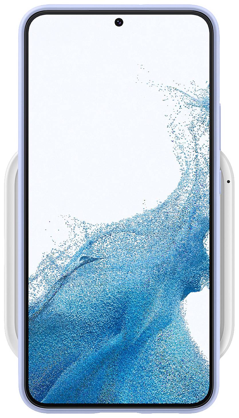 Un smartphone con un bordo blu mostra una grafica dinamica a spruzzi blu su uno sfondo bianco sullo schermo.