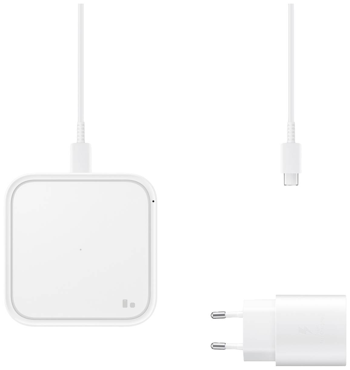 Piastra di ricarica wireless bianca con cavo USB rimovibile e adattatore di ricarica. Progettata per la ricarica semplice dei dispositivi.