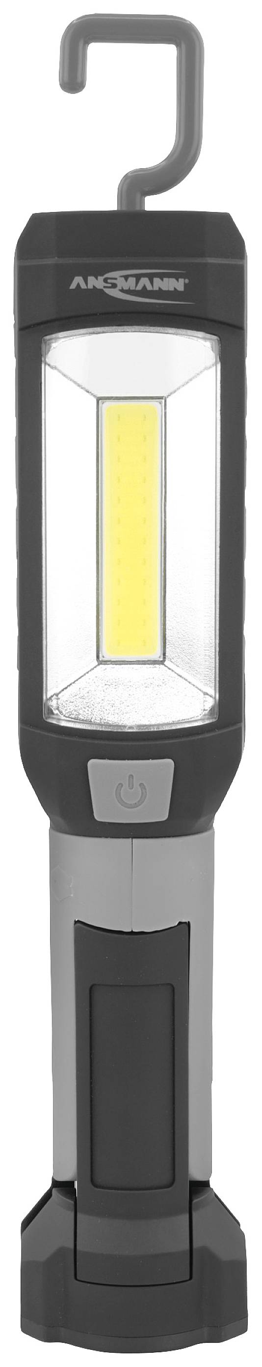 Pratica lampada LED nera con gancio in alto, adatta per essere appesa, dotata di un grande proiettore di luce gialla e interruttore on/off.