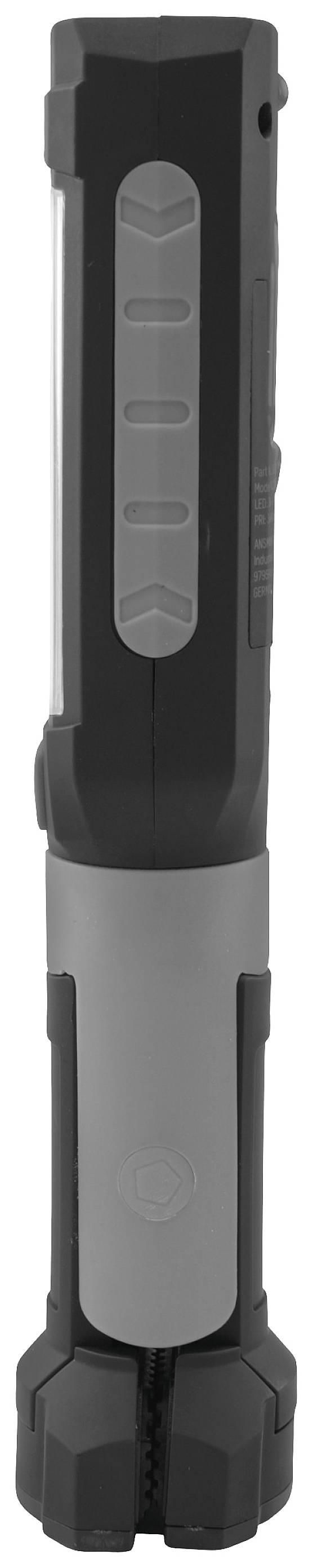 L'immagine mostra una torcia elettrica nera con accenti grigi, in posizione verticale e chiusa. Ha un aspetto robusto e moderno.