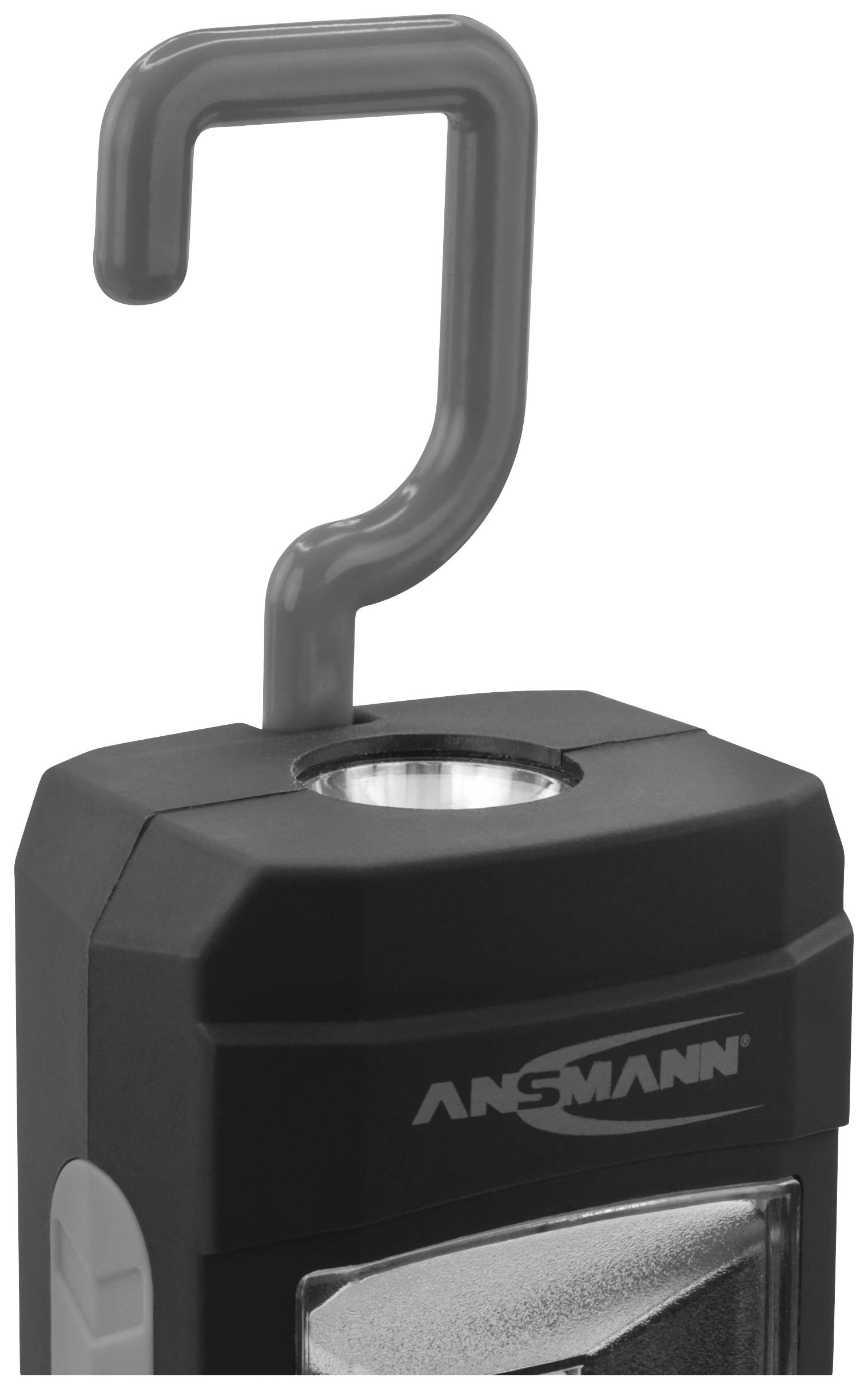 Torcia compatta di colore nero con gancio integrato in alto per l'appensione, adatta a diverse situazioni di illuminazione.