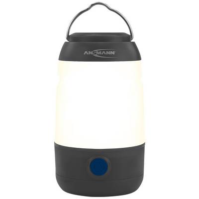 Lanterna LED portatile nera con corpo circolare luminoso e manico posto nella parte superiore.