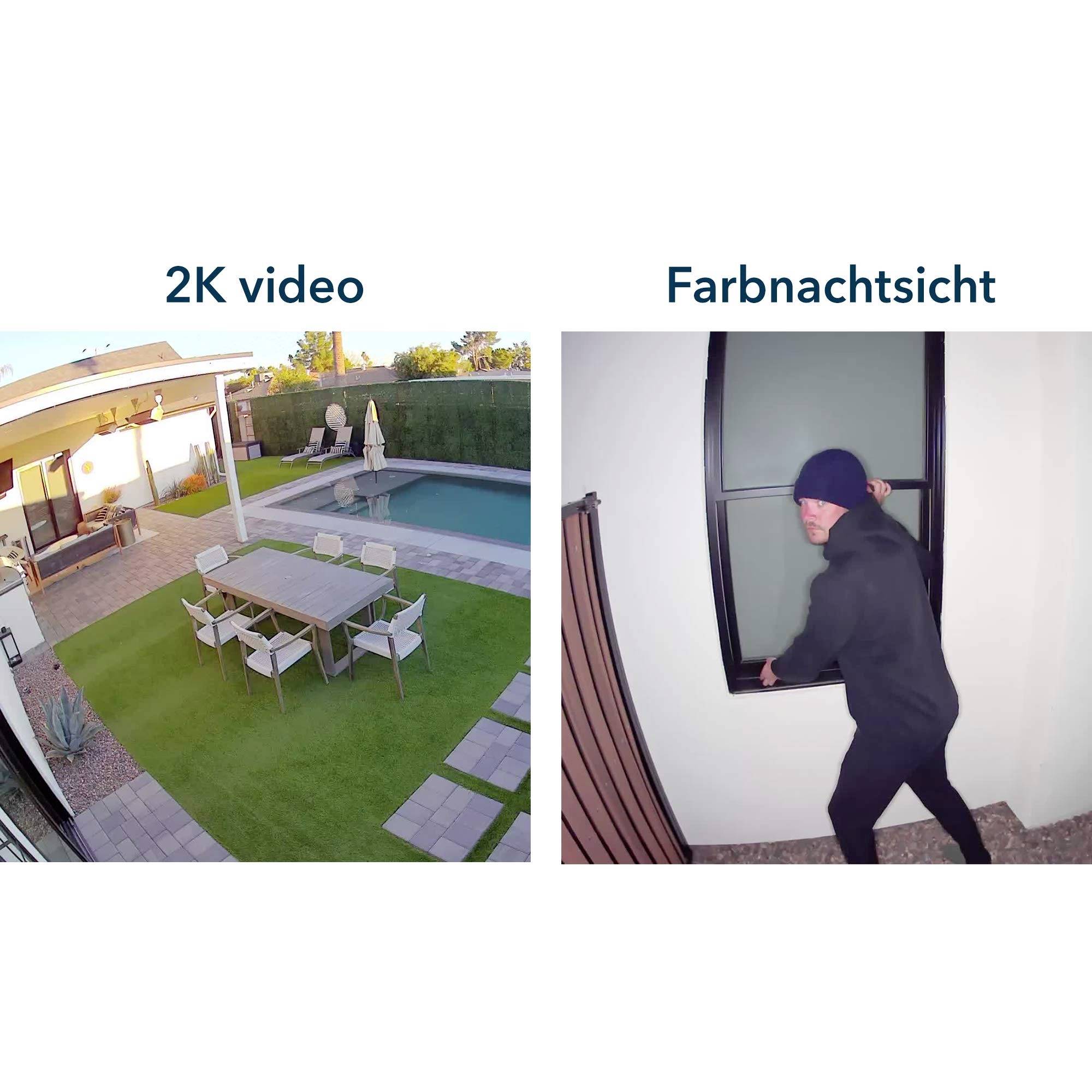 Il video '2K' mostra un giardino con piscina e zona seduta. La 'visione notturna a colori' mostra una persona di notte davanti a un edificio.