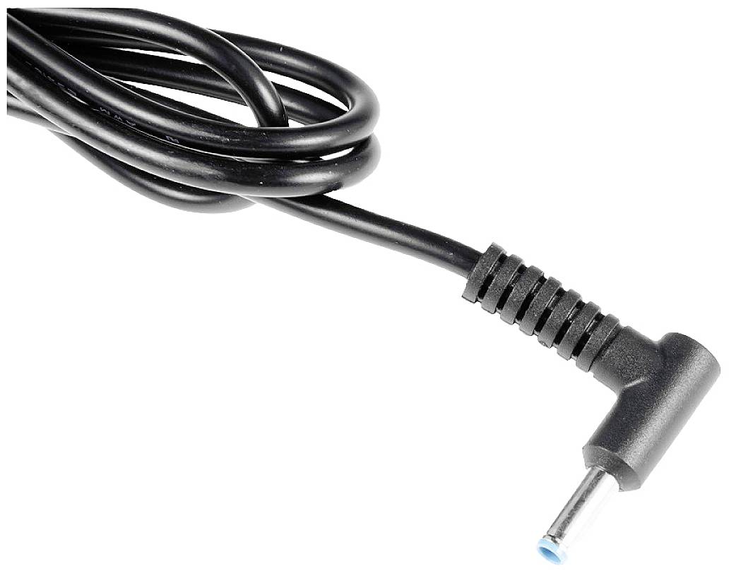 Un cavo di rete nero con un connettore ad angolo retto e una punta blu, tipico per il collegamento a un dispositivo elettronico.