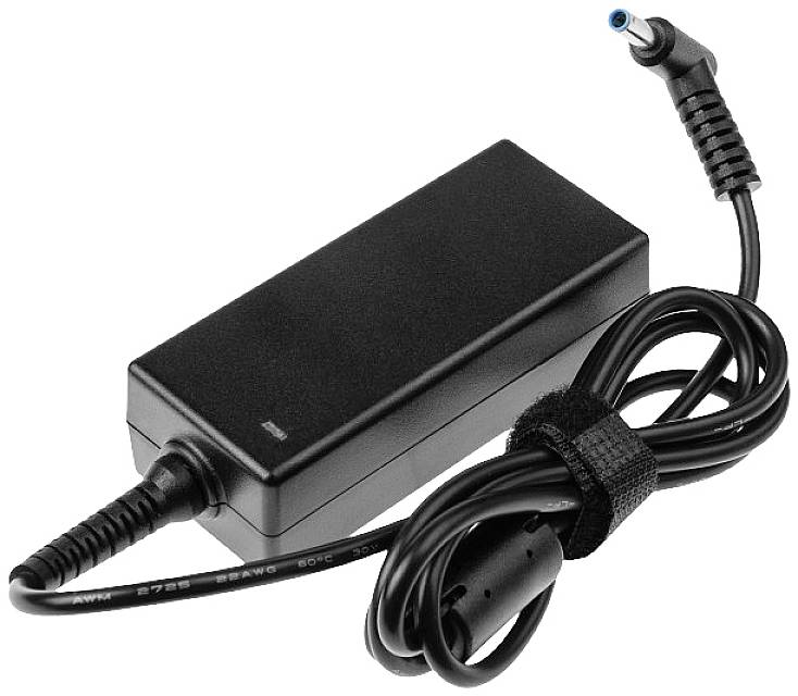 Un alimentatore nero per laptop con un cavo flessibile e un connettore rotondo idoneo al collegamento con un computer portatile.