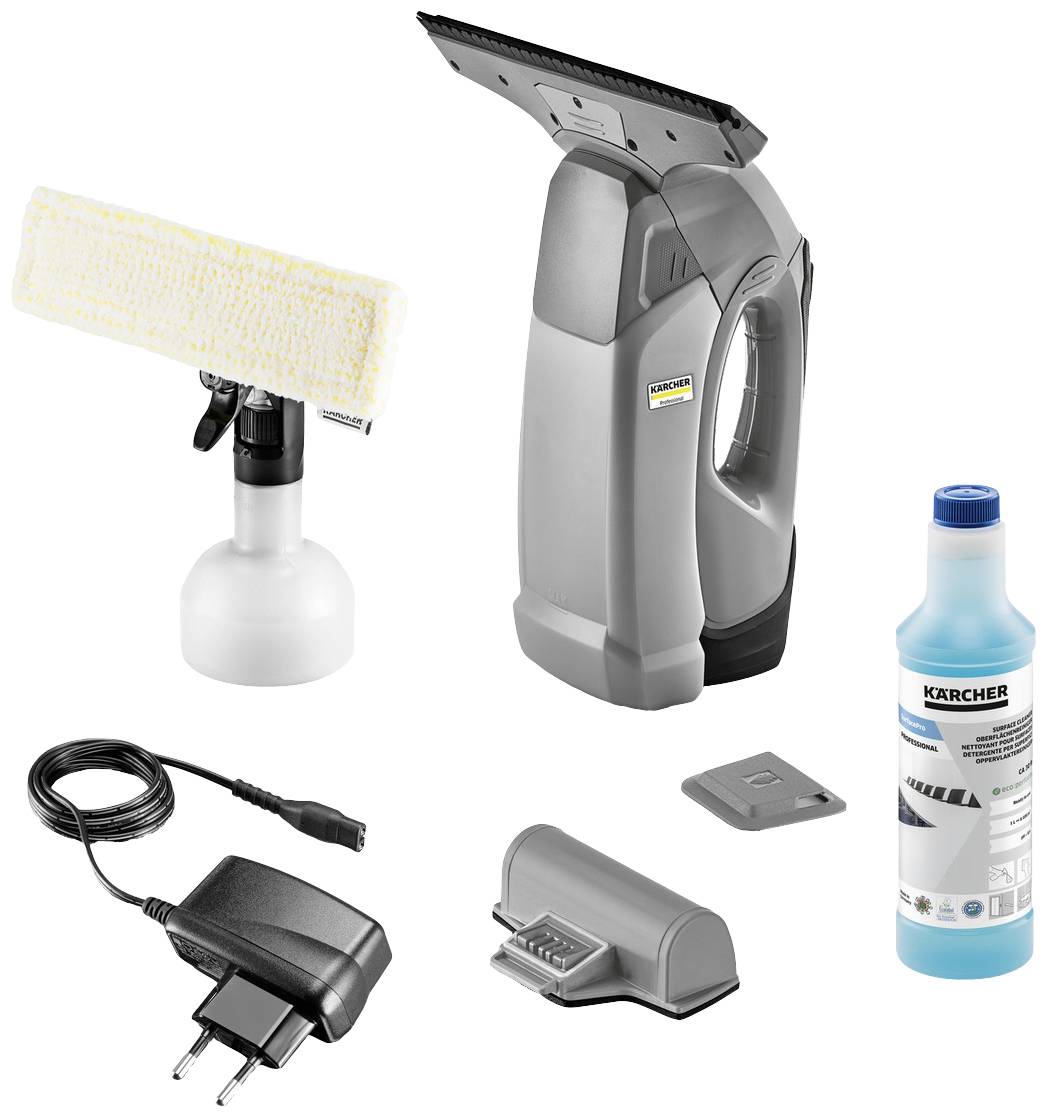 Set per la pulizia composto da un aspiratore per finestre, una bottiglia spray con panno per la pulizia, un caricabatterie, un accessorio e un detergente.