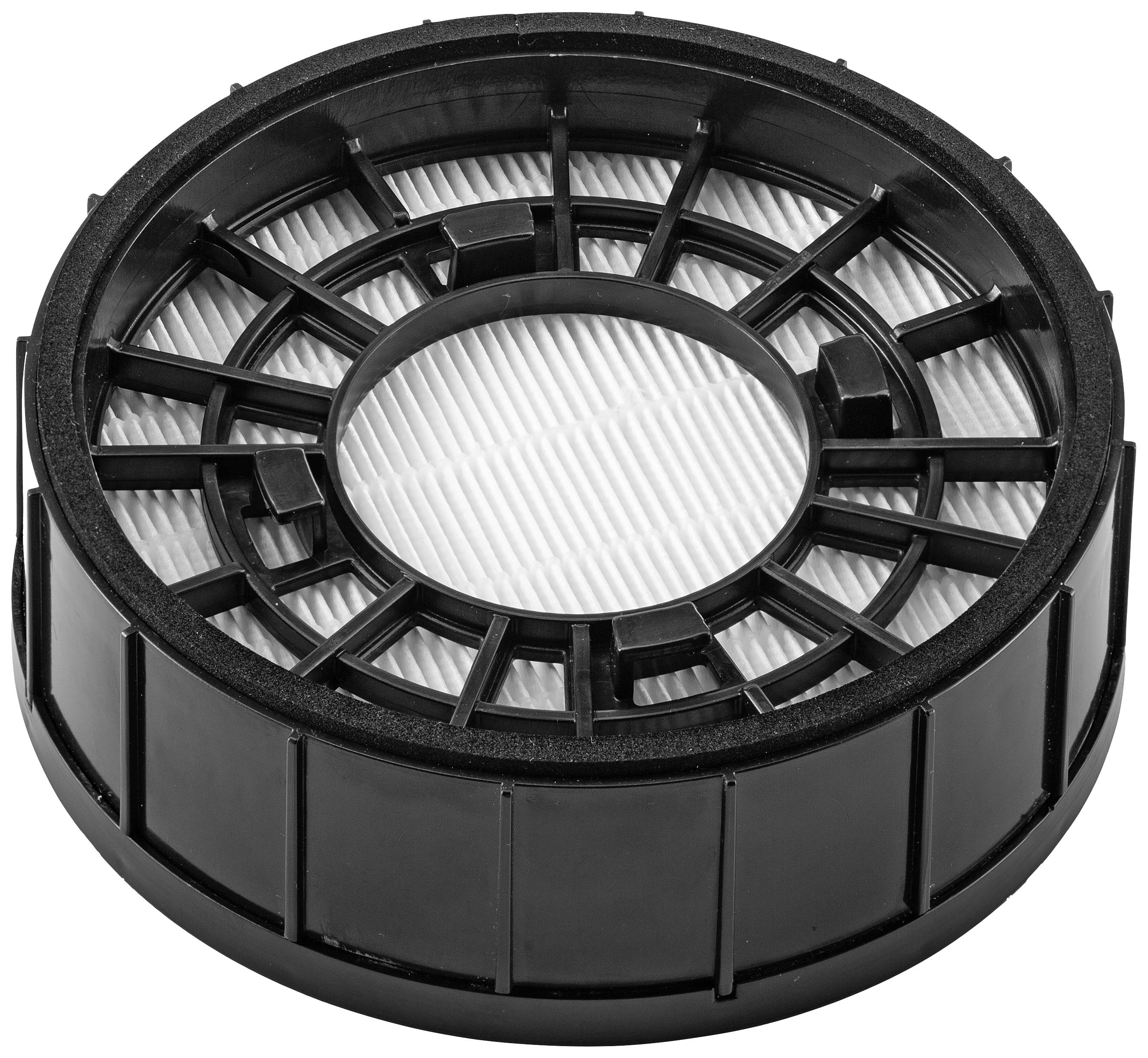 Filtro rotondo nero con materiale pieghettato bianco, probabilmente un filtro dell'aria o della polvere per dispositivi o macchine.