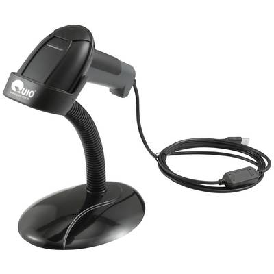 Uno scanner di codici a barre nero su un supporto flessibile con cavo USB collegato, progettato per la rapida acquisizione di codici a barre.